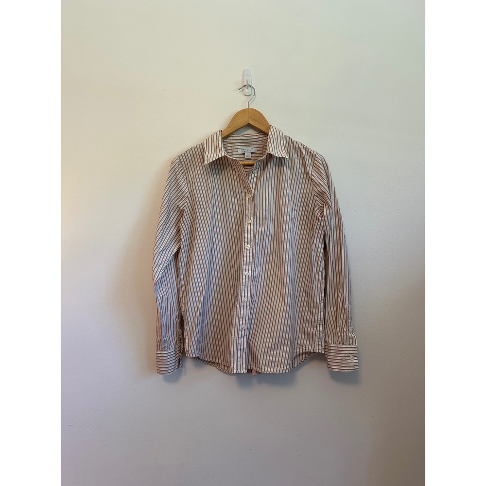 Ann Taylor Tan and White Striped‎ Cotton Button Down Shirt | Size Medium